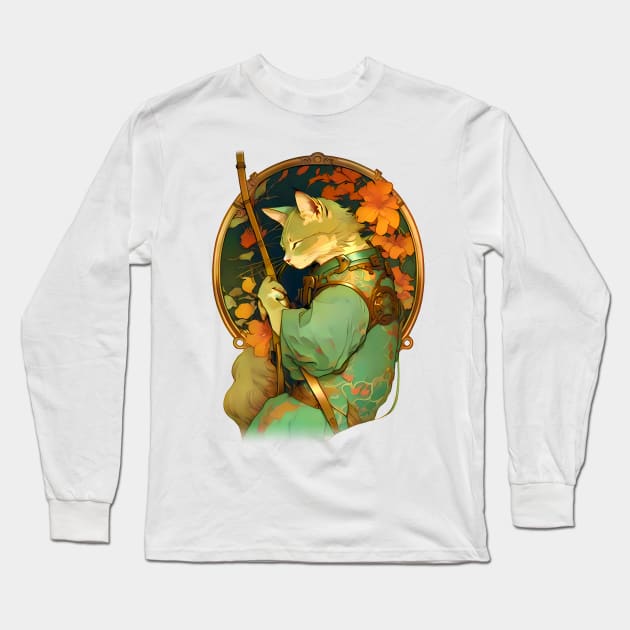 Art Nouveau Traditional Japanese Samurai Cat Long Sleeve T-Shirt by entwithanaxe